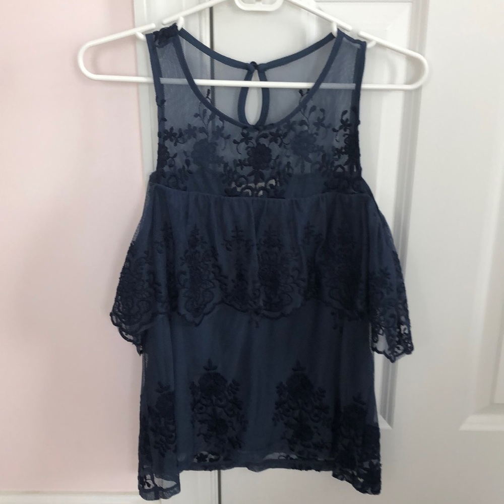 Francesca’s Blue Off the Shoulder Lace Top